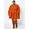 thumbnail image 1 of Rebdolls Women's Plus Puff Sleeve Tiered Mini Shift Dress - Brown, L, 1 of 5