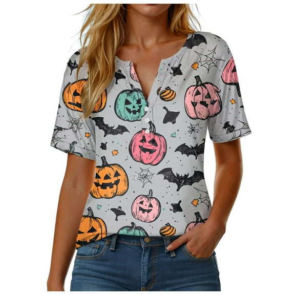 Ymyiu Fall Graphic Tees for Women Women Fall Halloween Doodles V Neck Shirt Funny Family Party Celebration Short Sleeve Tee Graphic Thanksgiving Tops (Grey,L)