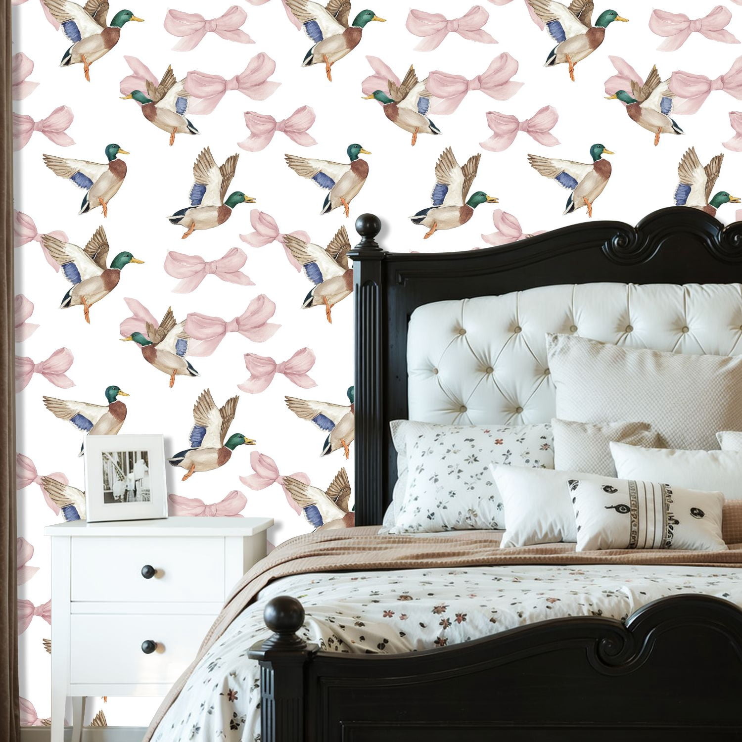 Peel and Stick Wallpaper Mallard Ducks Pink Bows Watercolor Soft Pastel Tones Wall Mural 23.6in x 9.8ft Self Adhesive Removable Wall Paper Renter Friendly Wallpaper for Nursery Bedroom Cabinets