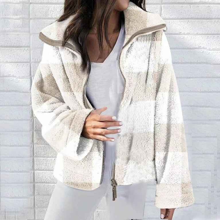 ZQGJB Reduce Womens Fall Winter Full Zipper Plaid Sherpa Coat Teddy Jackets  Long Sleeve Plush Fleece Warm Coats with Pockets Large Size(White,XXL)