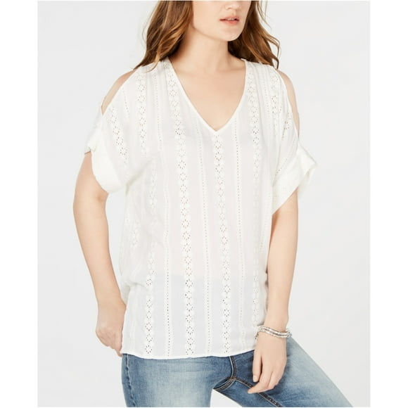 Karen Kane Womens Embroidered Cold Shoulder Blouse, Off-White, Medium