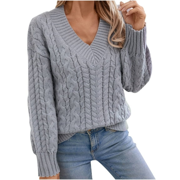 XUNKUSGA Sweaters for Women Casual V Neck Long Sleeve Women's Sweaters Fashion Cable Knit Chunky Pullover Sweaters Loose Comfortable Solid Color Fall Sweaters S-XL Gray