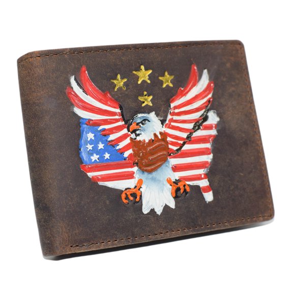 Mens RFID Blocking Leather Bifold Wallet Patriotic American Eagle with USA Flag Design Vintage Genuine Leather Brown with Gold Stars