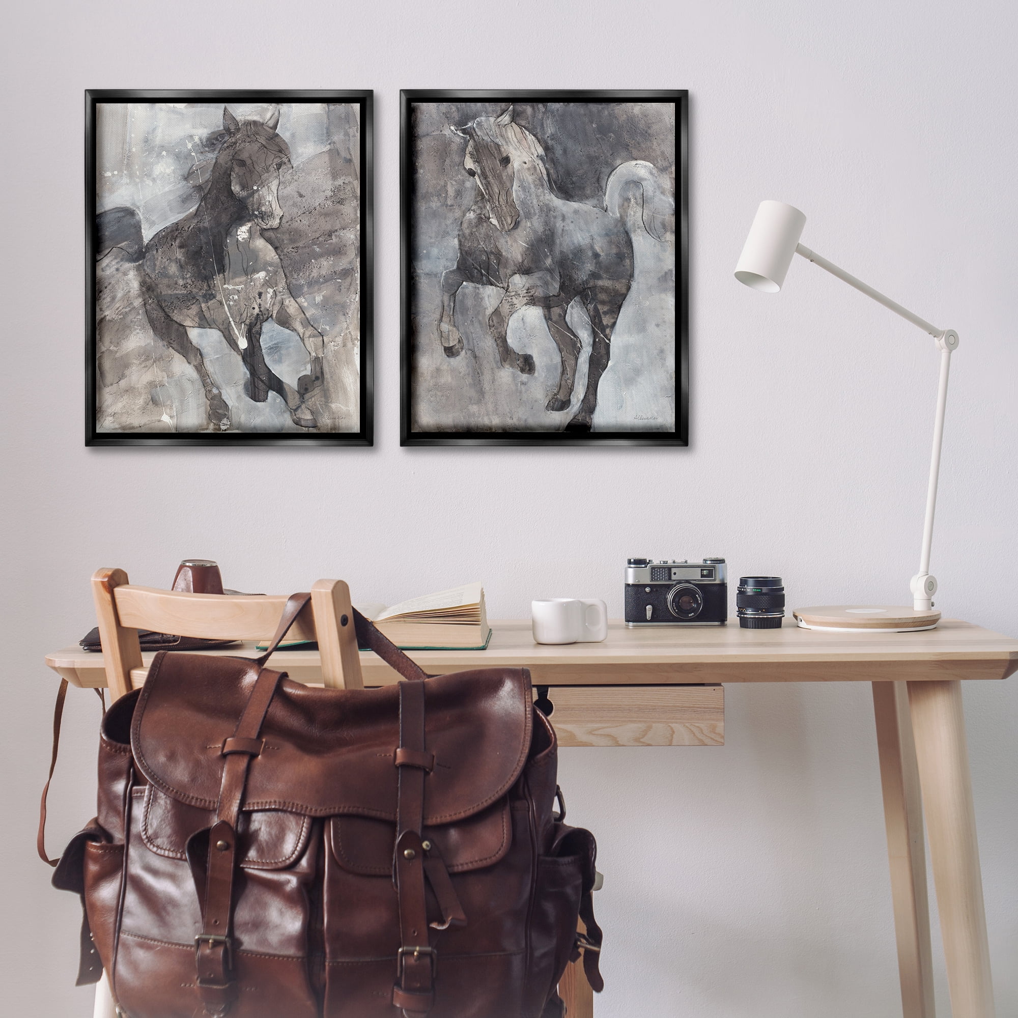 Stupell Industries Free Spirit Wind Dancer Horse Animals Painting Black Floater Framed Canvas Art Print Wall Art, 31 x 25, Set of 2