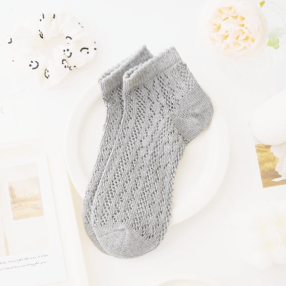 suxuMhao Socks, 6 Pairs Gray Knitted Cotton Crew Socks, Breathable Low Cut Casual Summer Socks, One Size Fits Most, Soft Ruffle Mesh Hollow Out Frill Trim Ankle Socks