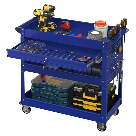 3 Tier Tool Cart on Wheels with Lockable Drawer,450 LBS Capacity Heavy Duty Utility Carts,Rolling Tool cart,Industrial Service Tool Cart for Mechanics,Warehouse,Repair Shop (Blue)