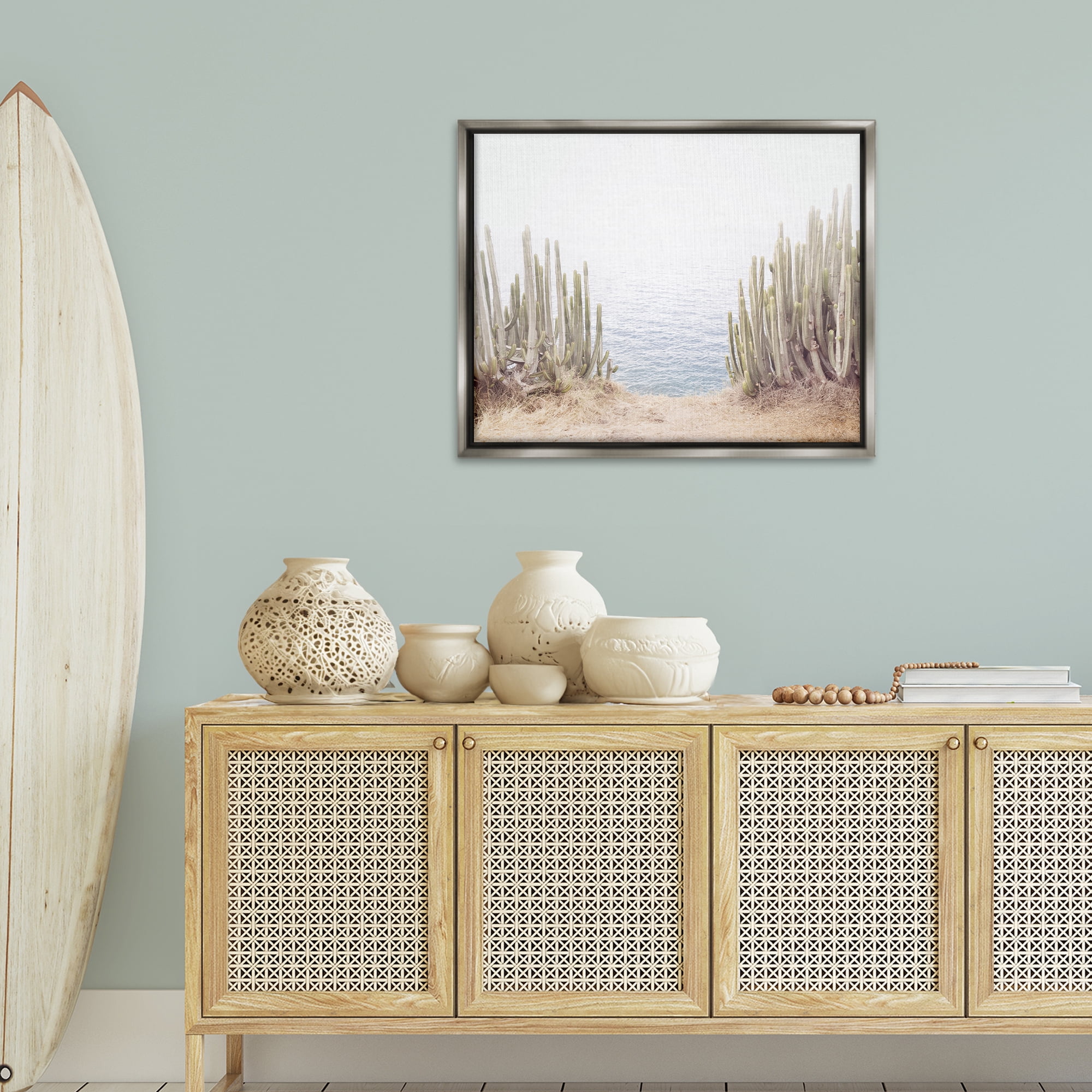 Stupell Industries Seaside Cacti Plants Nautical & Beach Photography Gray Floater Framed Canvas Art Print Wall Art, 31 x 25