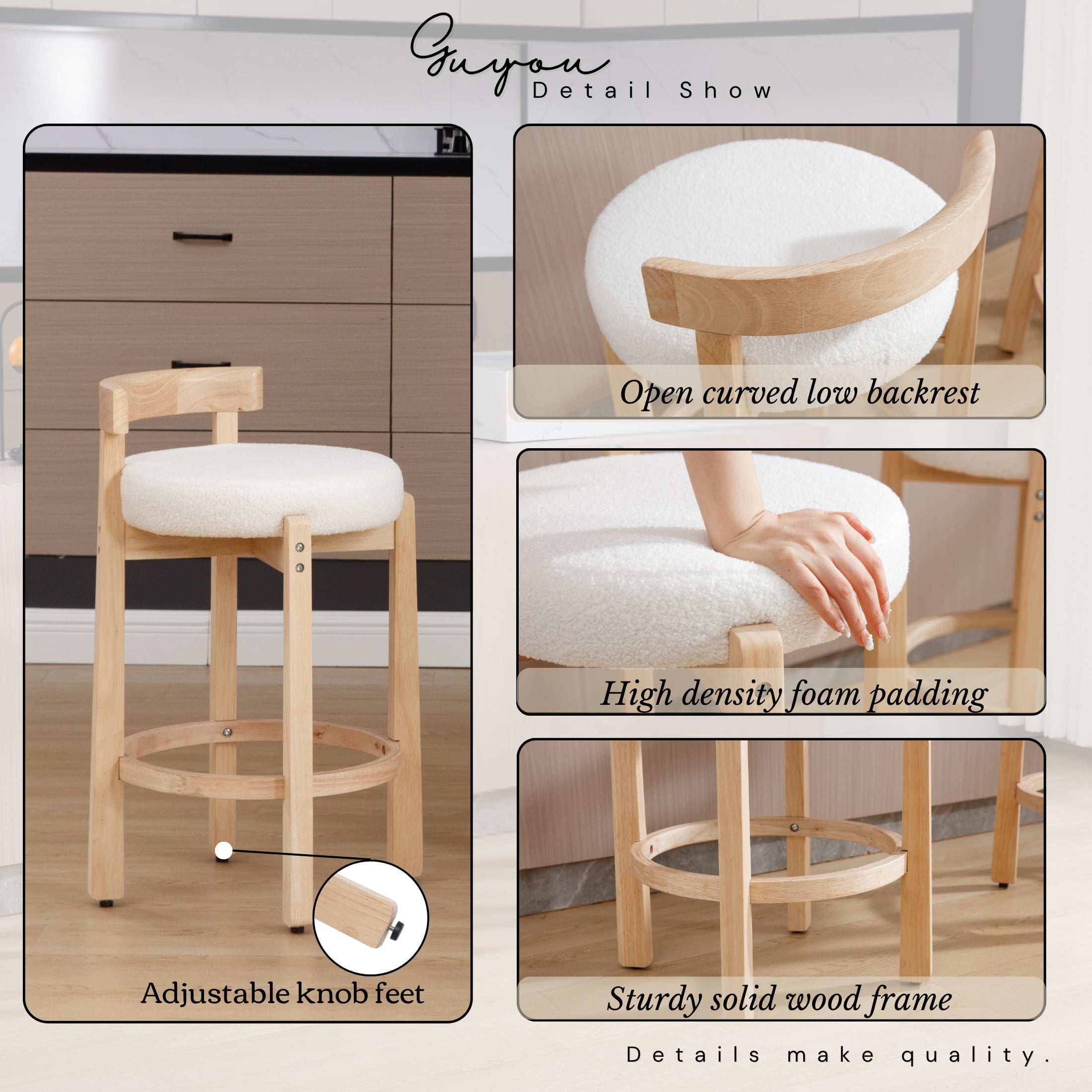 Guyou Counter Height Stools Set of 2, Mid Century Modern 27" Armless Island Bar Stools with Curved Back and Wooden Frame, Round Kitchen Stools with Footrest for Restaurant Bar Kitchen Island, White