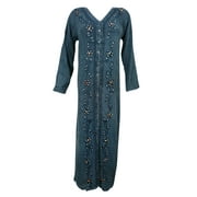 Mogul Maxi Dress Button Front Blue Stonewashed Rayon Embroidered Evening Long Dresses