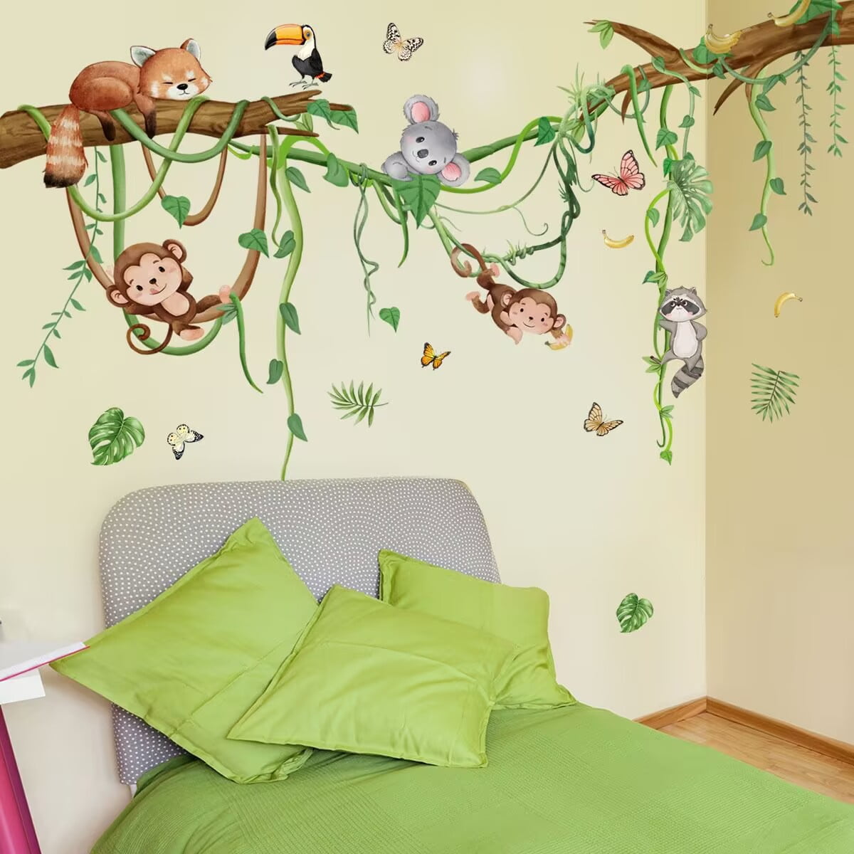 Monkey Climbing Tree Wall Decals Jungle Animals Wall Stickers Removable Vinyl Wall Art Sticker for Girls Baby Nursery Kids Bedroom Living Room Bathroom