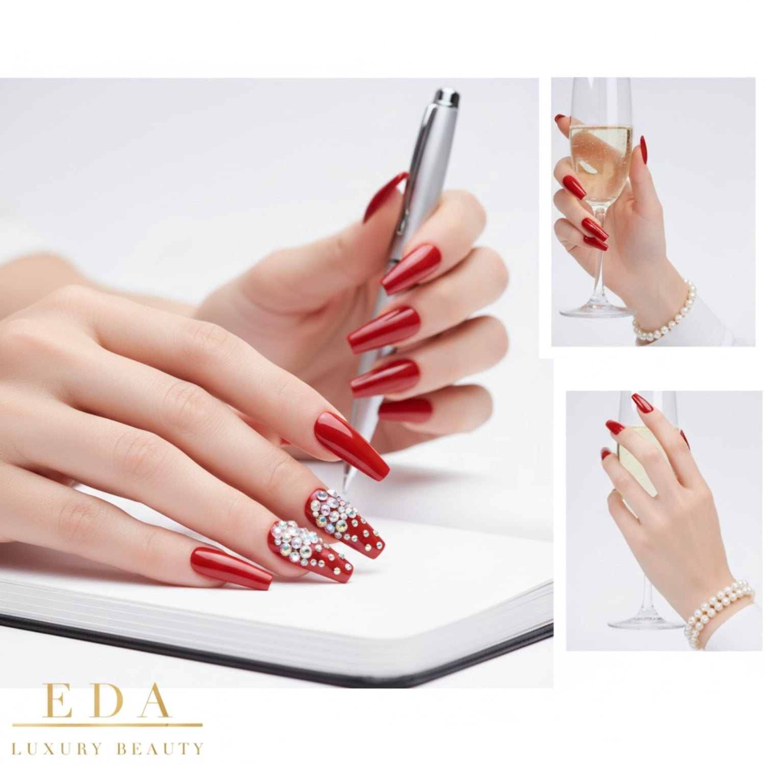 Red 3D Crystal Press On Nails, Love Queen, Extra Long Coffin Ballerina Rhinestones Fake Nails Set
