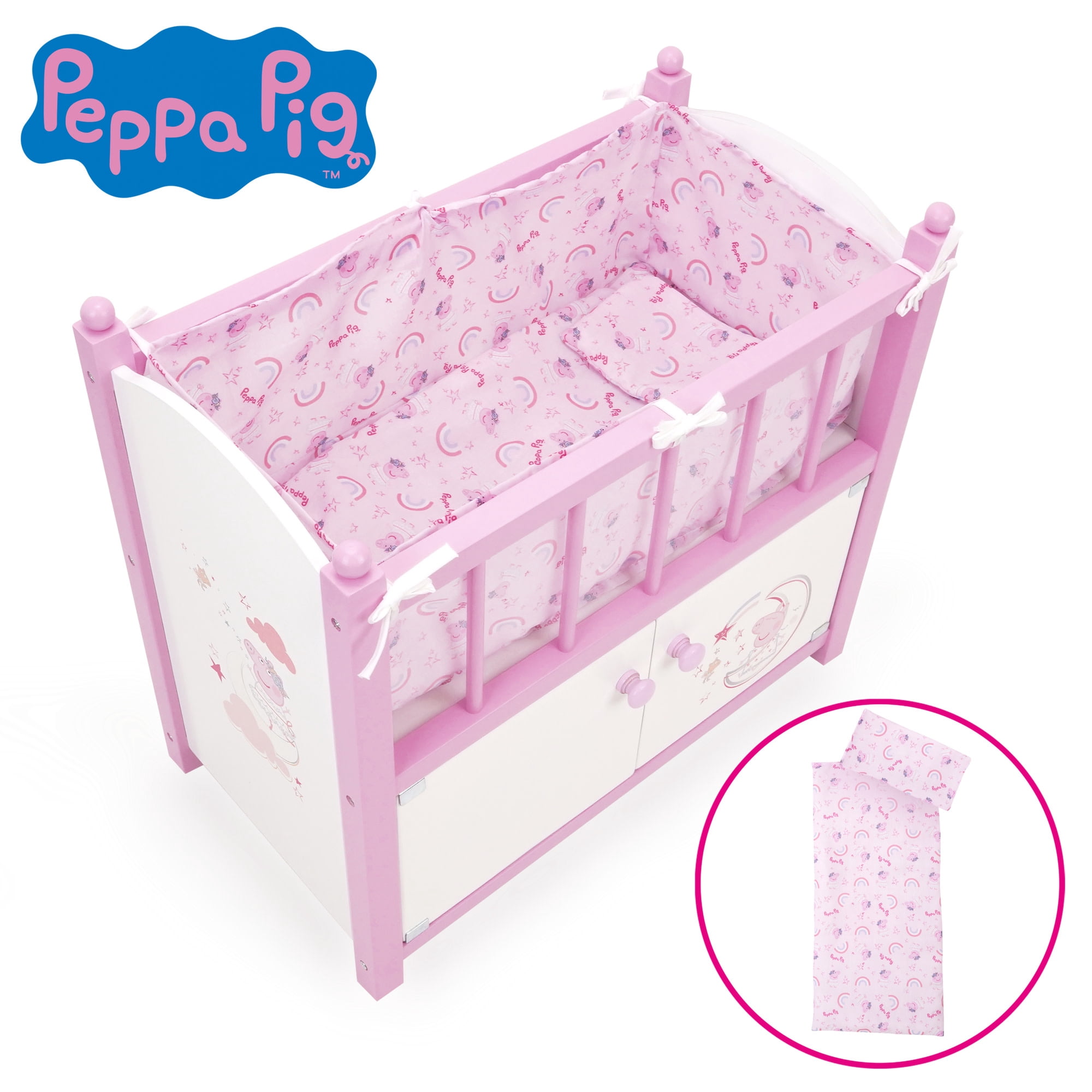 509 Crew: Peppa Pig - 2-In-1 Wooden Doll Crib - Pink-White-Moon, Built-In Storage Cabinet, Pillow & Blanket, Doll & Plush Sleep Accessory Toy, Kids 3+