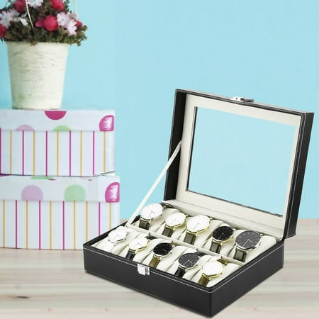CNMODLE 10 Slots Luxury PU Leather Wrist Watch Jewelry Gem Display Box Storage Organizer Case Collection Black