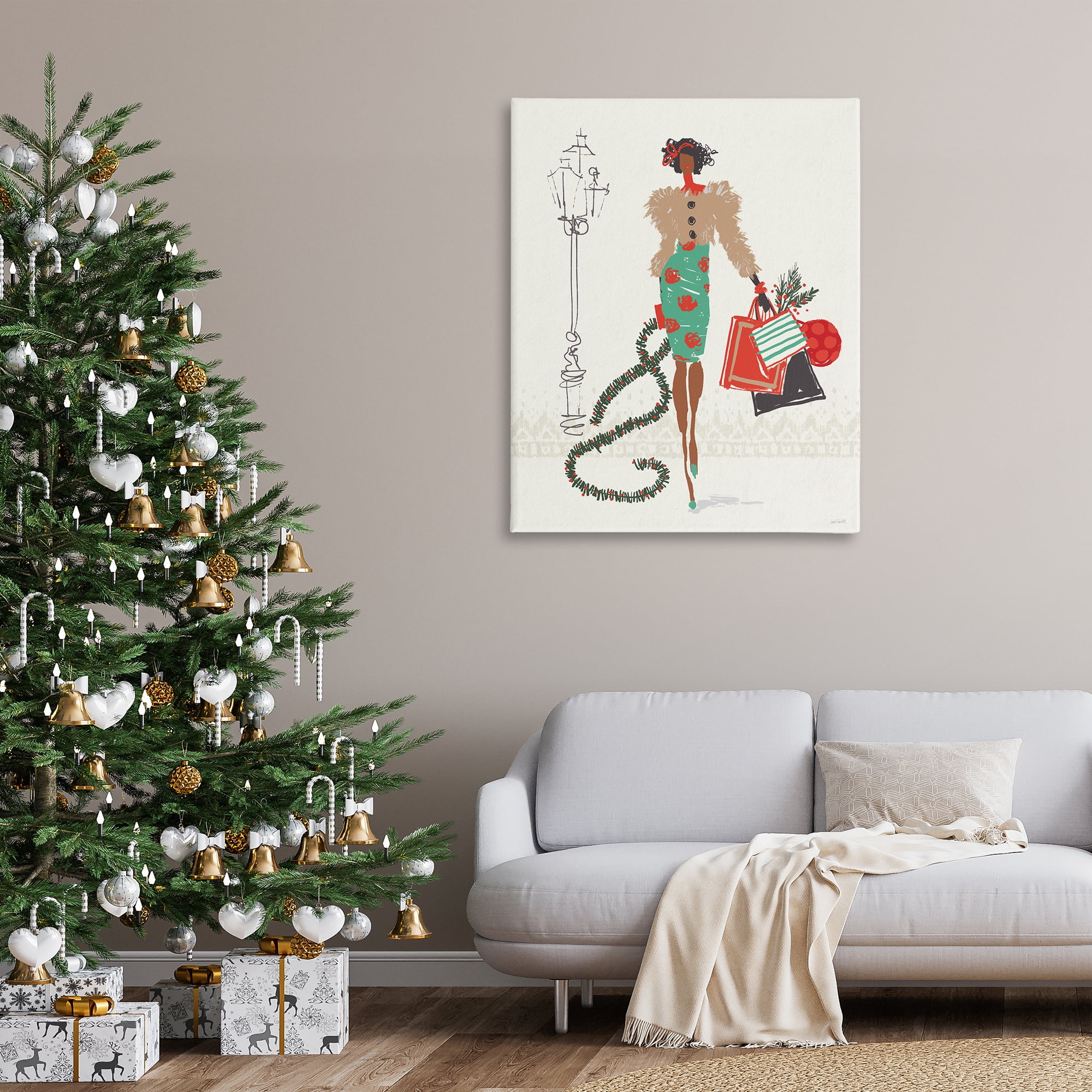 Stupell Industries Festive Shopping Girl Holiday Painting Gallery Wrapped Canvas Art Prints Wall Art, 36 x 48