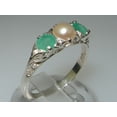 thumbnail image 2 of LBG British Made Luxury Solid 10K White Gold Natural Emerald and Cultured Pearl Trilogy Ring, 2 of 7