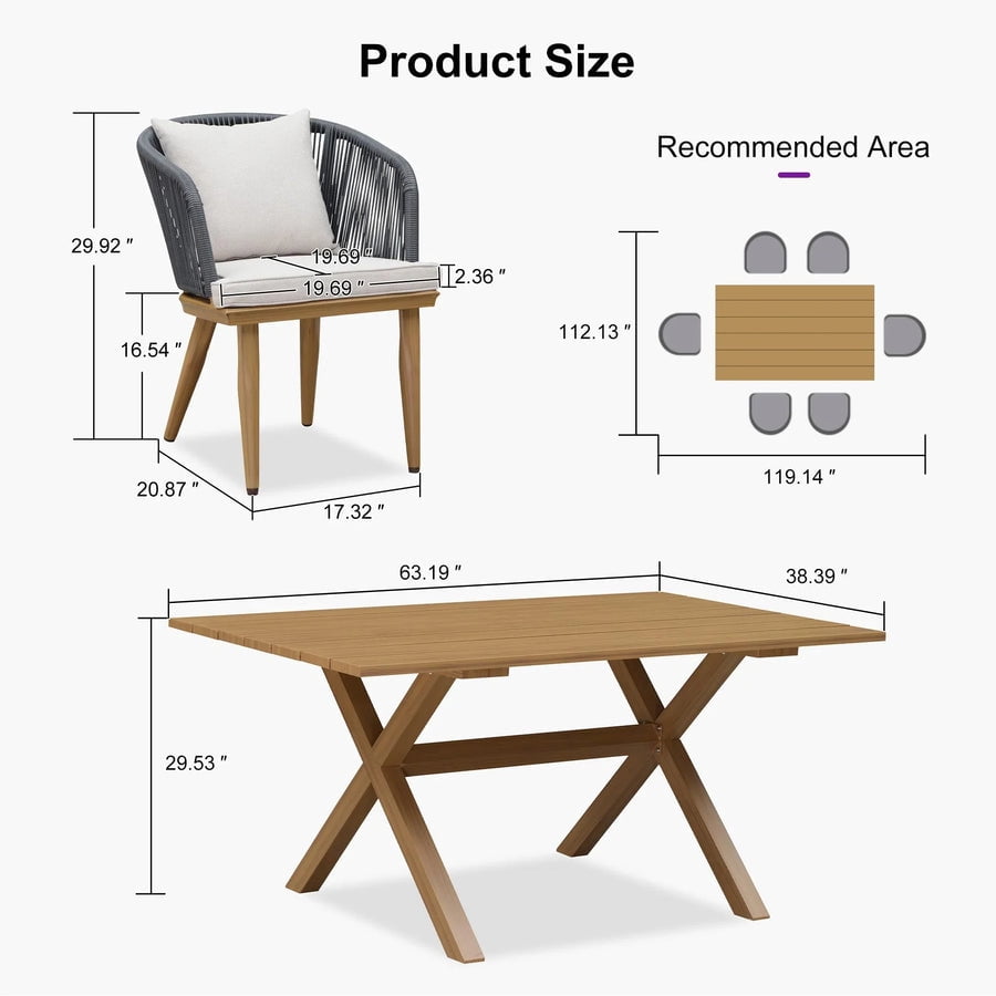 PURPLE LEAF 7 Pieces Patio Dining Set, Rectangular Aluminum Outdoor Table and 6 Wicker Chairs with Cushions for Garden Kitchen and Porch, Teak