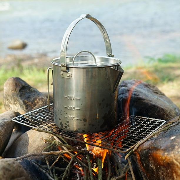 mmirethe 1.2L Camping Kettle Outdoors Hanging Pot Picnic Cooker Teapot Stainless Steel Cooking Compact Hiking Tourist Supplies