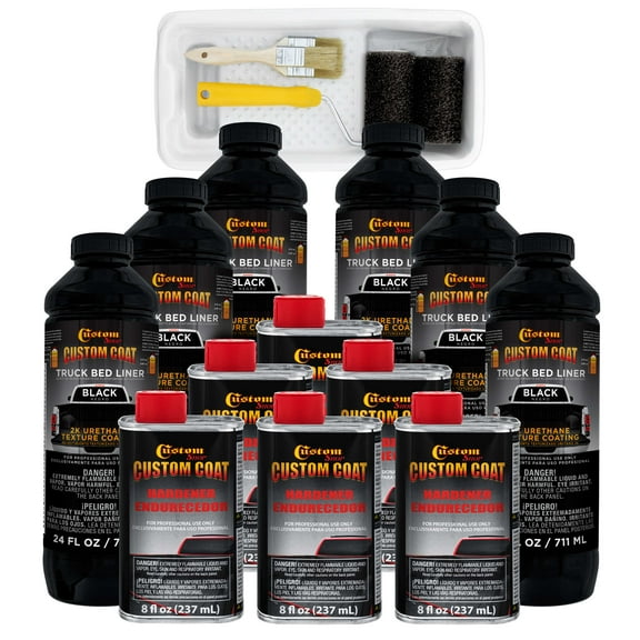 Custom Coat Black 1.5 Gallon (6 Quart) Urethane Roll-On, Brush-On or Spray-On Truck Bed Liner Kit with Roller and Brush Applicator Kit - 3 to 1 Mix Ratio