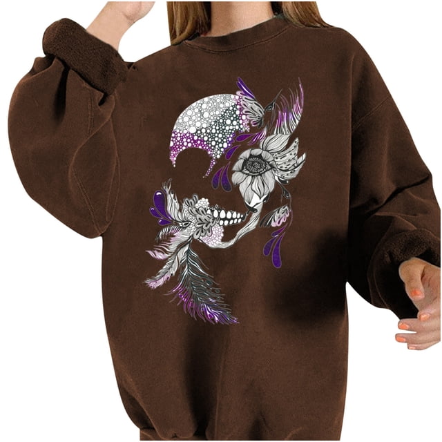 Camiseta suelta estampada a la moda para mujer, blusa de manga larga, cuello redondo, camisetas informales Pompotops FGAJ5301