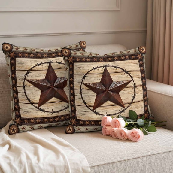 Outdoor Waterproof Throw Pillow Cover Retro Rustic Texas Country Star Decorative Pillow Covers 16x16inch Set of 2 Pillows Case, Farmhouse Vintage Wood Barn Cushion Cases for Sofa Couch Patio Garden