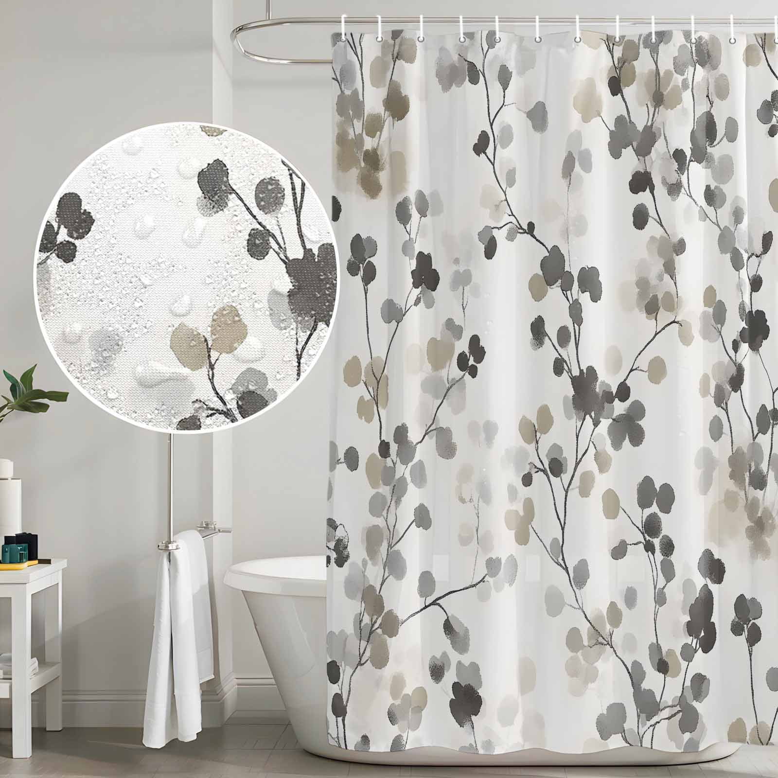 Shower Curtain Bathroom Set Gray Brown Botanical Watercolor Waterproof Fabric Shower Curtains with Grommets&Hooks, Retro Country Floral Leaves Privacy Bath Curtain for Bathtub 72x72in