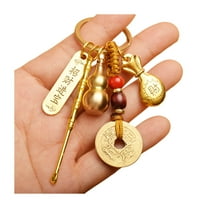 HUANLEDASH Vintage Lucky Gourd Keychain Pendant Solid Brass Coins Purse Keychain Charm Feng Shui Keyring Wealth-Attracting Key Holder