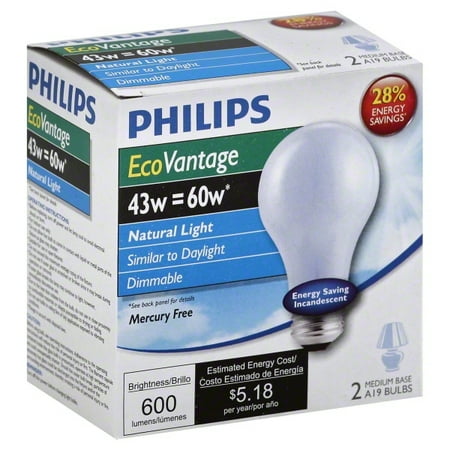 Halogen Blue Bulb - Philips 43w A19 E26 Natural Light Daylight EcoVantage Halogen - 2 light bulbs