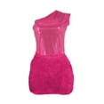 thumbnail image 3 of Baberdicy 2Pcs Women 2 Piece Outfits Clubwear One Shoulder Metallic Bodysuit Top Night Party Club Mini Skirt Set Bodycon Dresses for Women, Fringe Mini Dress Hot Pink Mardi Gras, 3 of 5