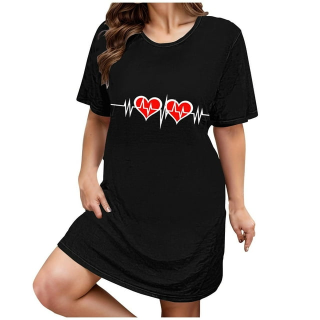 RANJIE Chemise de Nuit de la Saint-Valentin pour Femme à Imprimé de Cœurs, Manches Courtes, Robe de Sommeil, Vêtement de Nuit, Noir 3TG