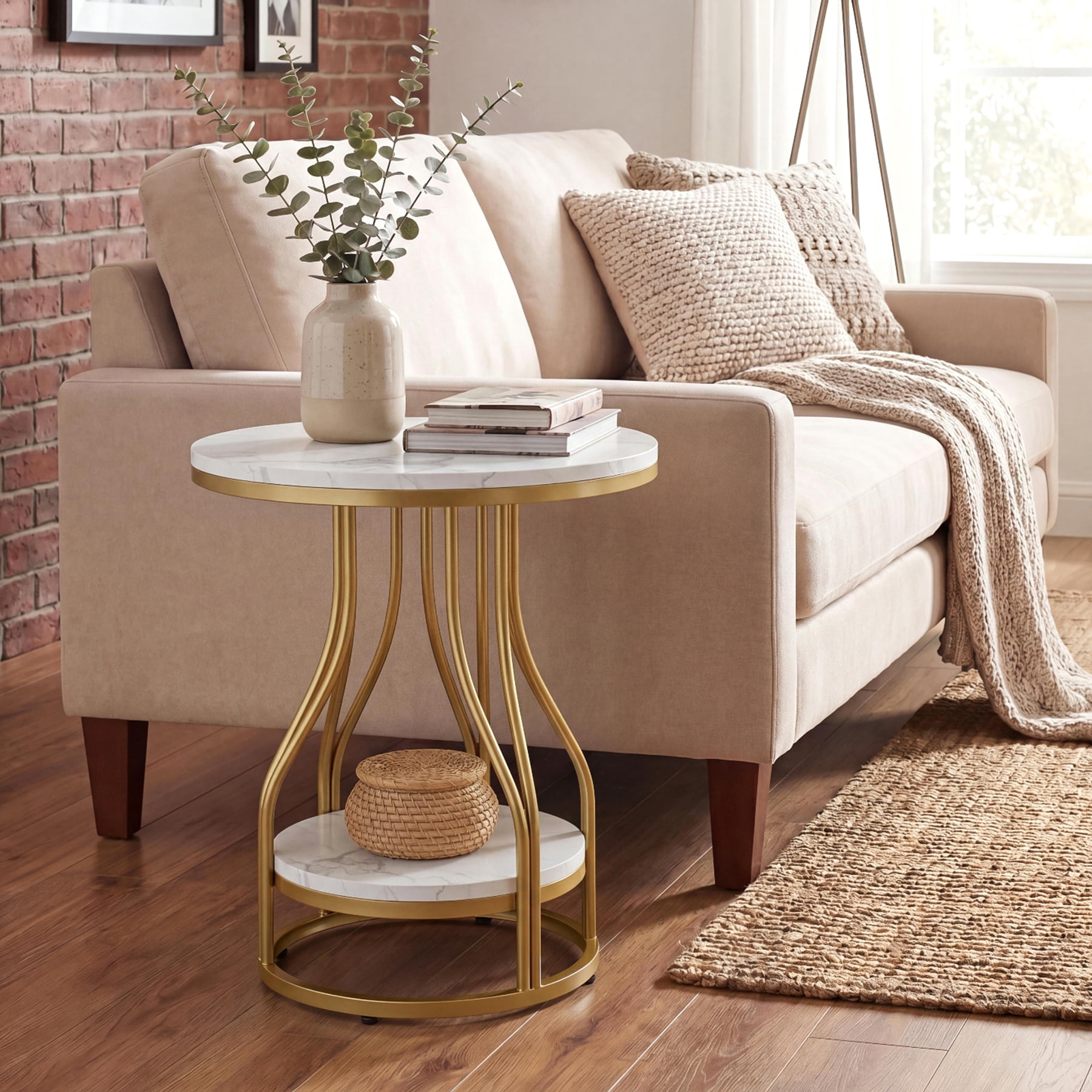Tribesigns 2-Tier Round Side Table, Industrial End Table Bedside Table with Metal Frame & Open Shelf for Couch Side, Living Room (1PC, White & Gold)