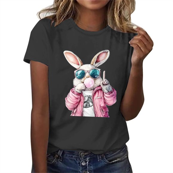 UPPADA Womens Happy Easter Print Tees Cute Bunny Graphic Shirts Basic Summer Casual Tshirts Crew Neck Comfy Pullover Tops Easter Gifts Black,S
