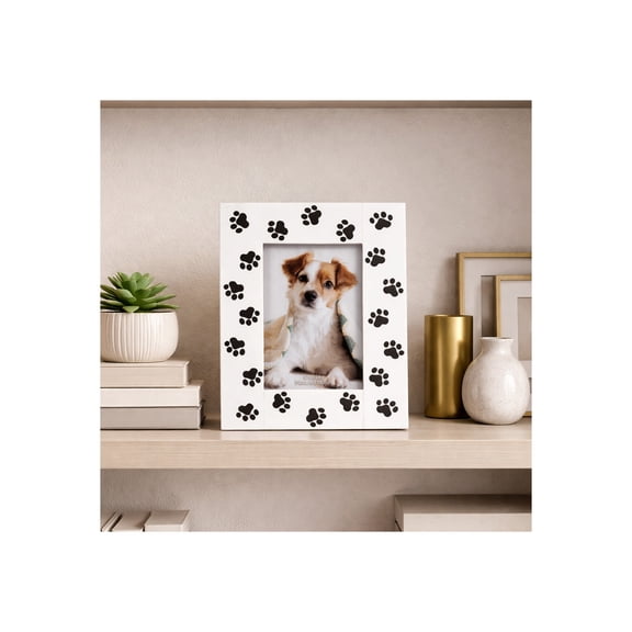 Rectangle Picture Frames for Tabletop Display - Modern Paw-Print Decorative Photo Frame for Console, Mantel, and Shelf - Wood and Glass Pictures for Study and Office Desk - 9", Black & White