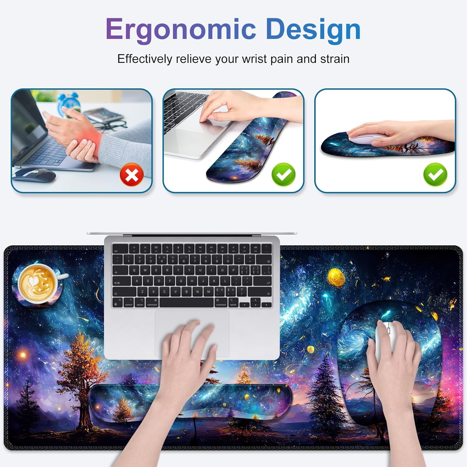 4 in 1 Large Mouse Pad, Keyboard Wrist Rest Set, Ergonomic, Non-slip, Waterproof, Colorful World