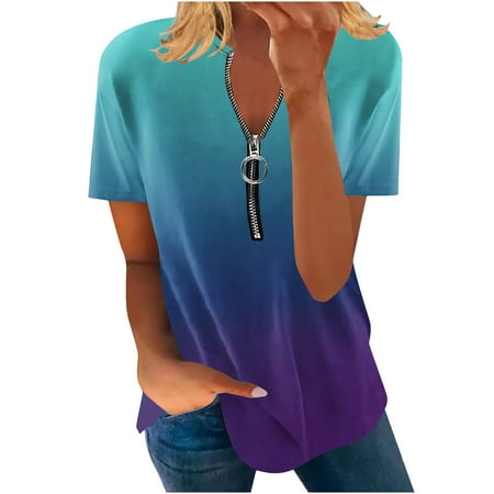 

kakina CMSX Work Shirts for Women Fashion Comfortable Casual V-Neck Short Sleeve Print Top Blouse Tunic Tops Flare Blouse Light Blue XL
