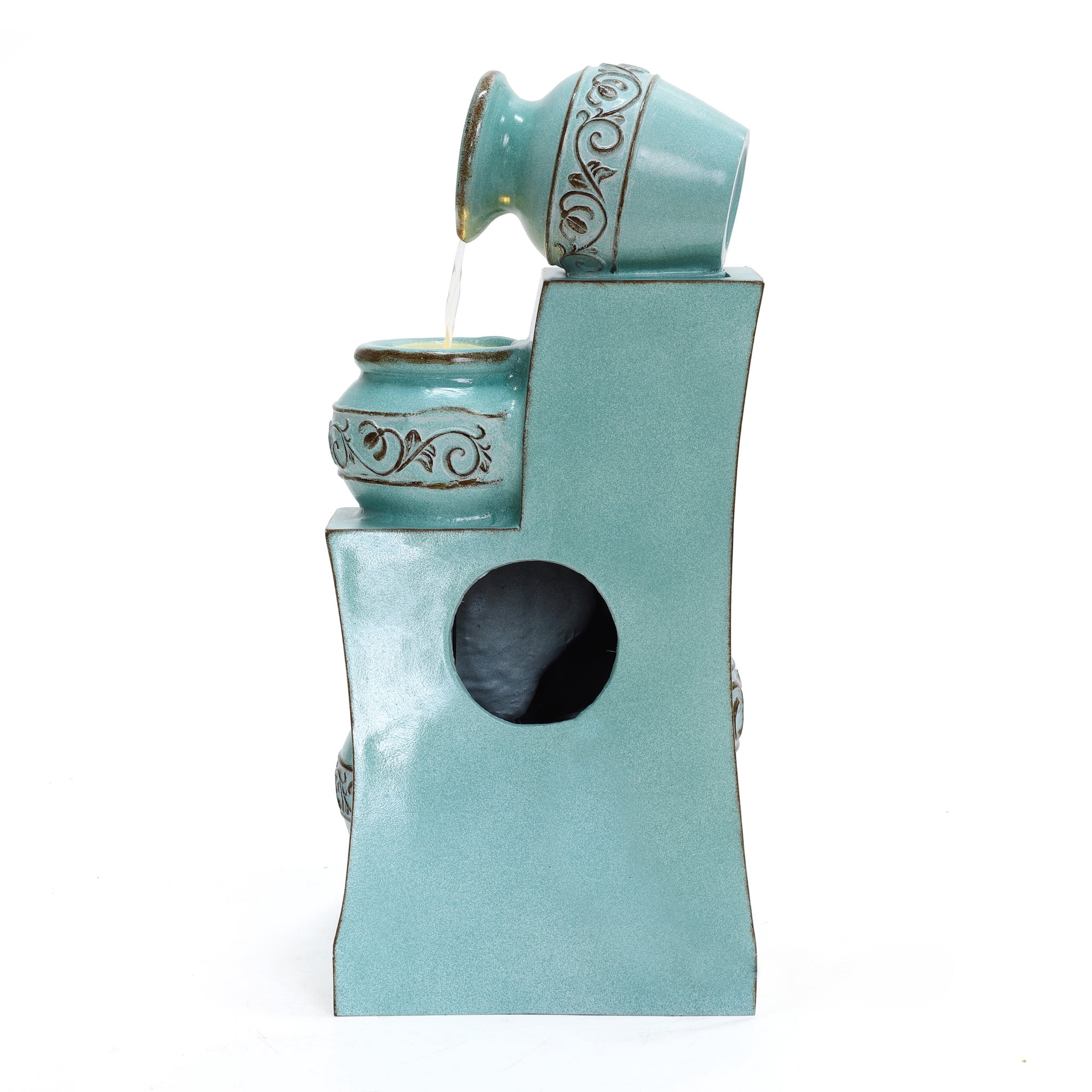 LuxenHome Light Blue 4-Tier Ornate Jugs 2.5-Feet Tall Outdoor Polyresin Fountain with Lights