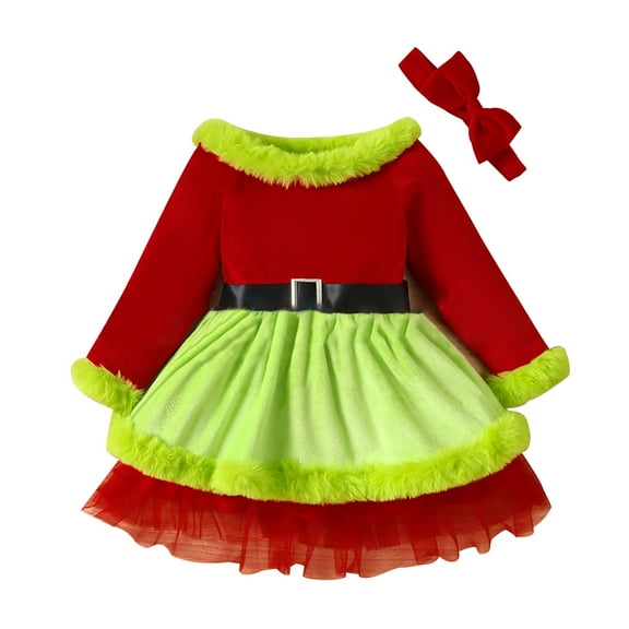 Christmas Dress for Toddler Girls Santa Dress Long Sleeve Velvet Belted Dress Holiday Princess Ruffle Cute Baby Dress