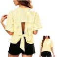 thumbnail image 2 of Moxiu Summer Tops for Women 2026 Striped Tie Back Short Sleeve T Shirts Bowknot Cutout Crewneck Casual Loose Basic Tee Yellow,XXL, 2 of 9