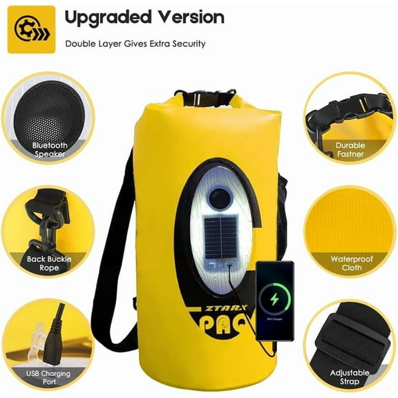 Solar/Battery Powered Multi-Functional Waterproof Backpack, Bluetooth Speaker, IP66 Waterproof Dry Bag, Heavy Duty Roll Top Closure, Large Capacity Bag for Camping, Hiking, Traveling (Orange 10L)