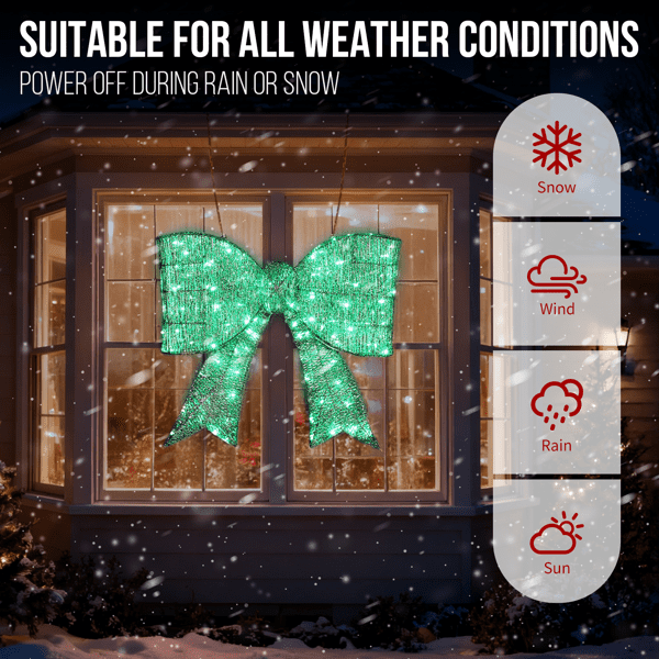 28.3in Pre-Lit Outdoor Christmas Bowknot, 124 Warm White LEDs, Sparkling Tinsel Fabric, Collapsible for Indoor/Outdoor Use