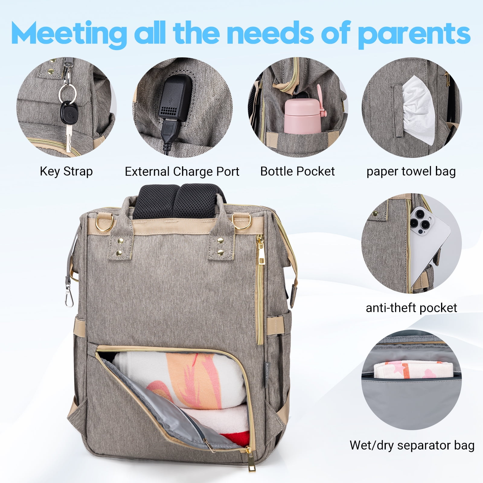 KABAQOO Baby Diaper Bag Backpack for Boy & Girls Travel Diaper Backpack Newborn Essentials Gift Grey