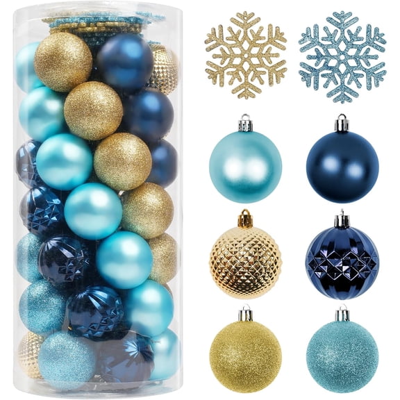 Christmas Tree Decorations Ornament Set, 60ct 2.36 Inches Blue and Gold Shatterproof Christmas Ball Ornaments, Hanging Ball for Xmas Holiday Wedding Party Decor