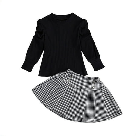 

EmmababyGirls 2-piece Outfit Set Puff Sleeve Solid Color Top and Plaid Skirt Set