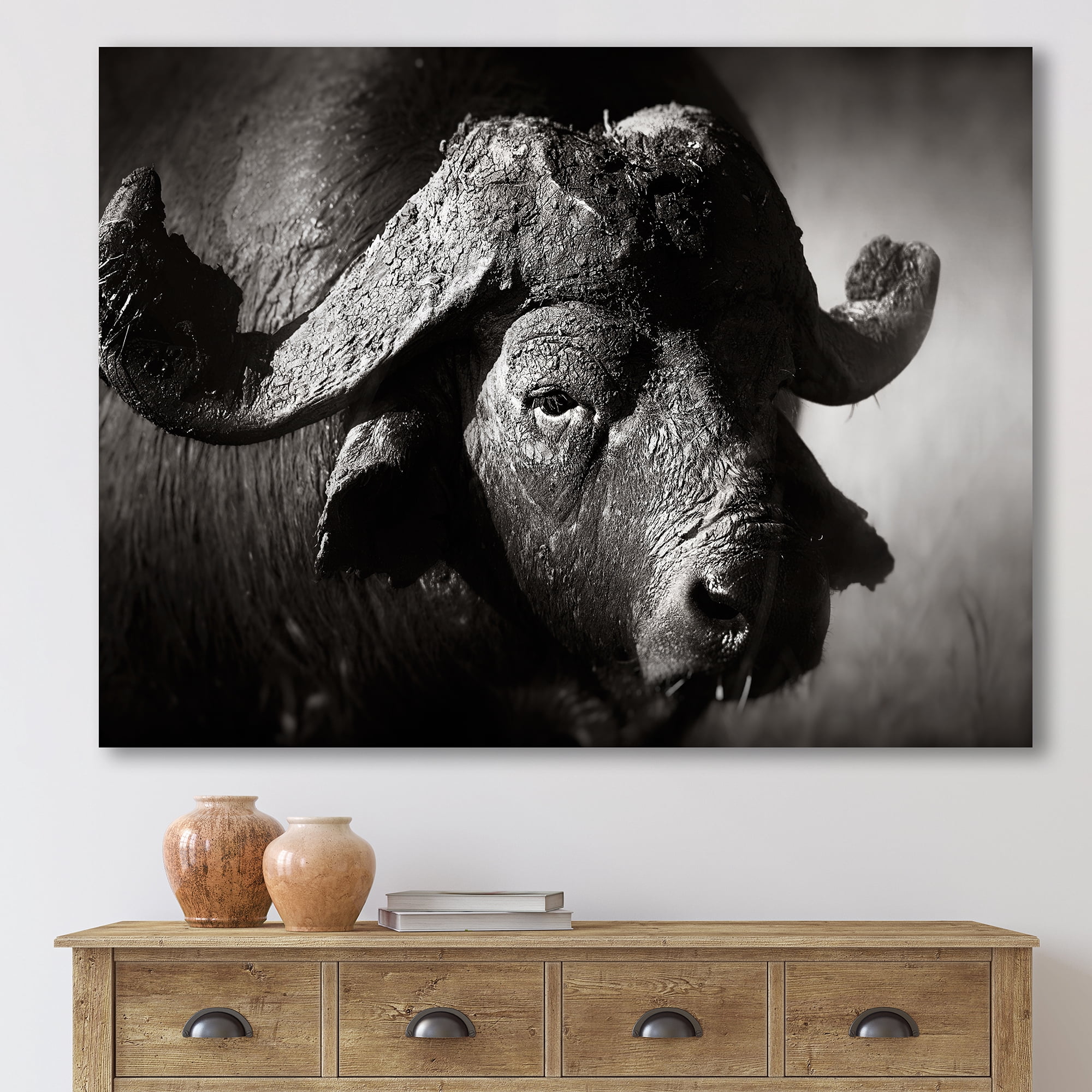 Designart ' Black and White Portrait Of Buffalo II ' Farmhouse Canvas Wall Art Print
