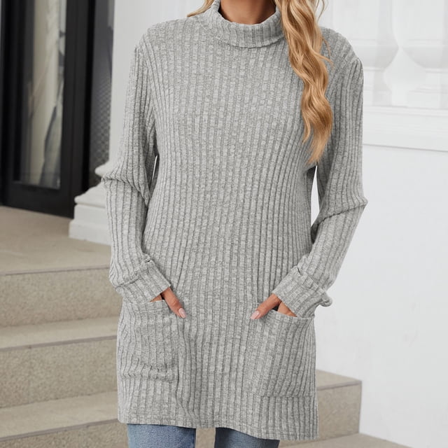 Hot6sl Women's Solid Color Half High Neck Loose Pocket Long Sleeve Top