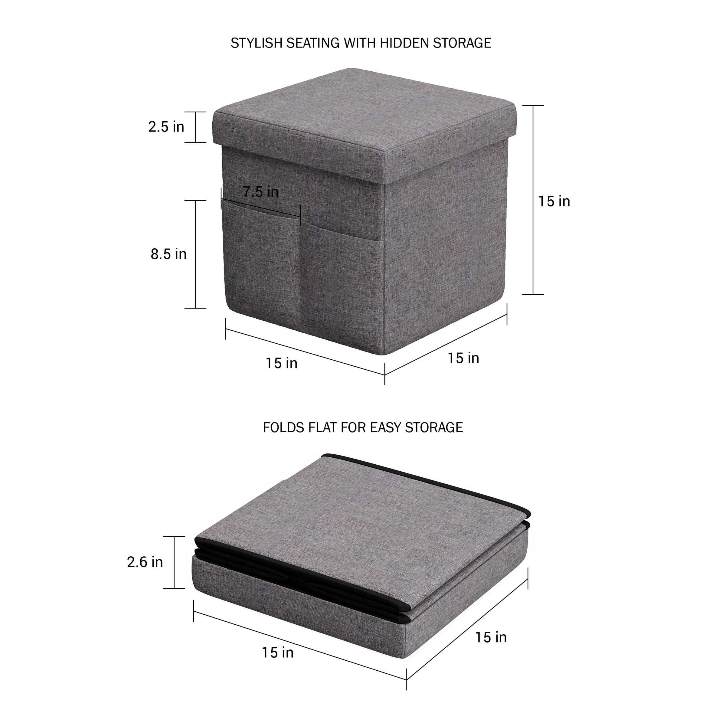Lavish Home Set of Two 15-Inch Folding Ottomans with Storage Pockets (Dark Gray)