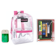 Soteria Hand Sanitizer Spray and Classic 17 Inch Clear Backpack PVC + 20 Piece School Supply Kit Combo Pack Pink Girls