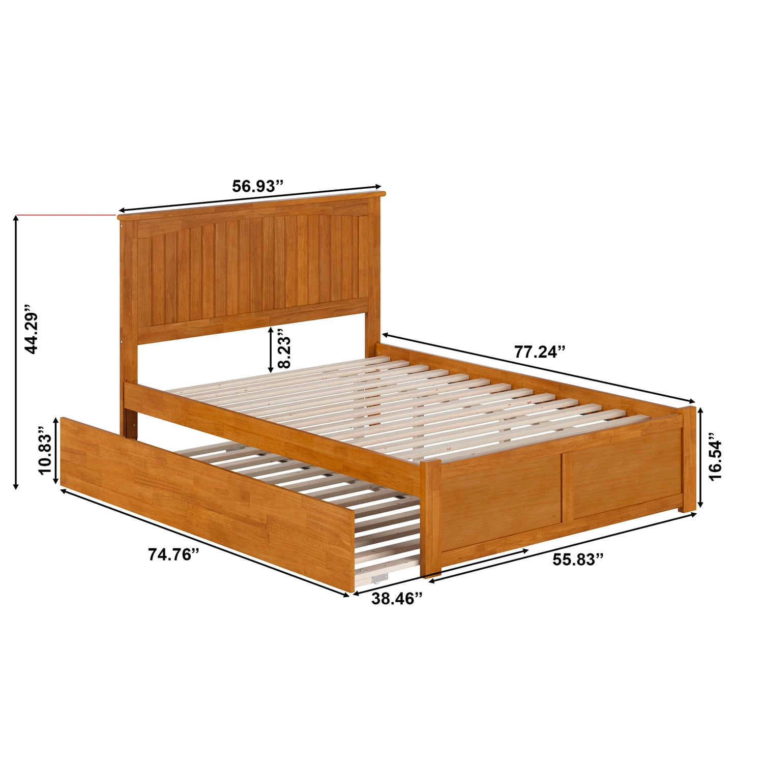 Solid Wood Platform Bed with Trundle - Full Size, Light Toffee Finish, Modern Bedroom Furniture