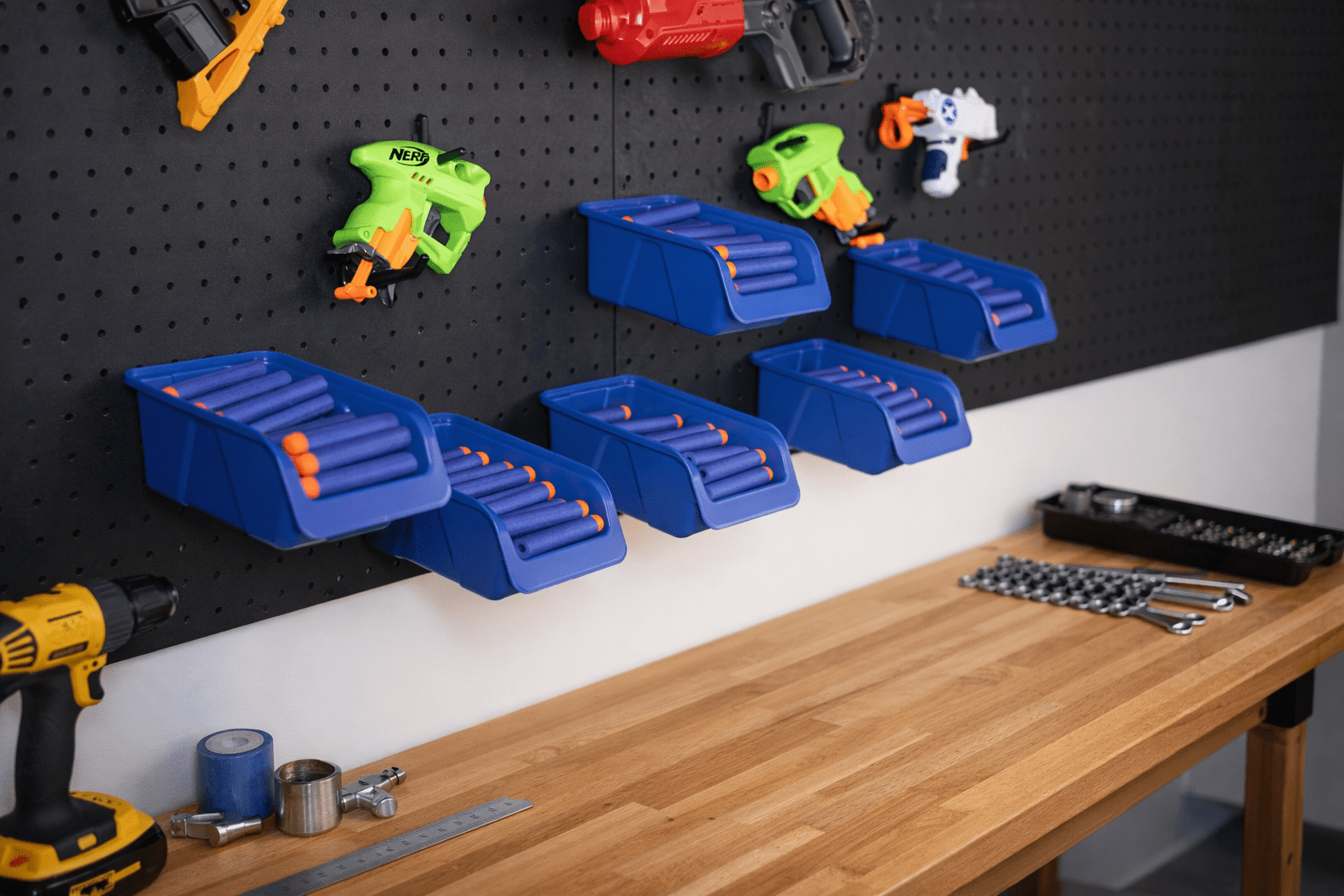 WallPeg Nerf Organizer Accessory Kit – 6 Large Cobalt Blue Pegboard Bins Ammo Storage & 20 Jumbo Peg Hooks for Mounting Nerf Blasters