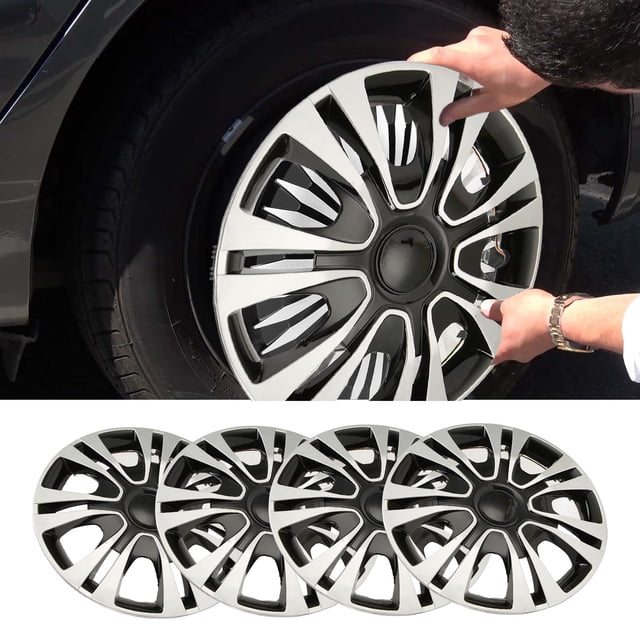 Tapa del Cubo, Tapa de Cubo de la Rueda Protectora de 4 Piezas Instalación de Plata Negra Fácil para Automóviles Camionetas de 13 Pulgadas Rueda de Acero