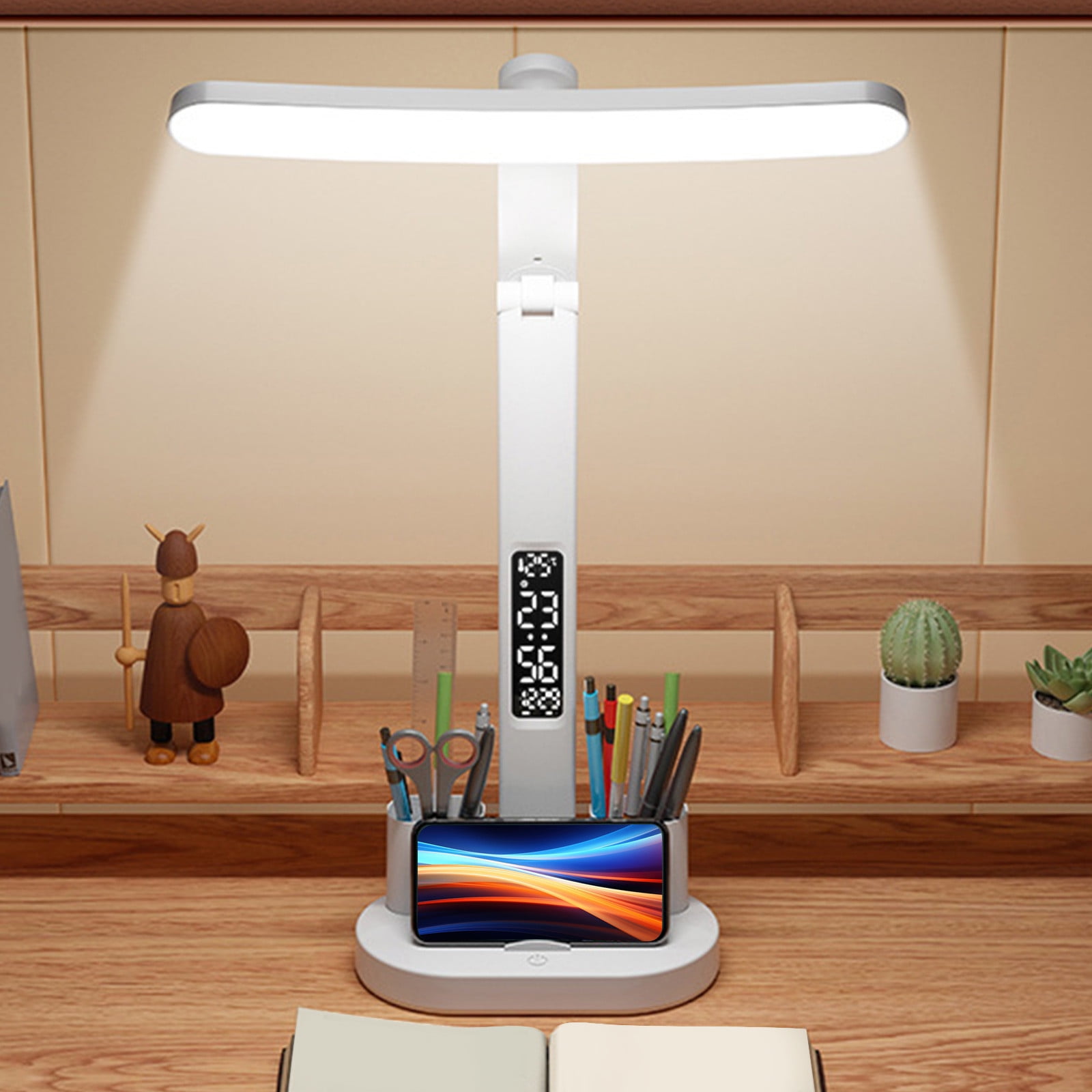 WMTBSRSW LED Desk Lamp,Dimmable,3 Color Modes,Office Desk Light with Clock,Alarm,Date,Temperature,Touch Control,Foldable Lamp for Table Home Reading Study